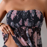 Swim Lushore Conjunto de tankini bandeau para mujer con impresion floral completa, dobladillo asimetrico y fruncido, ideal para playa de verano