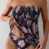 Swim Lushore Conjunto de tankini bandeau para mujer con impresion floral completa, dobladillo asimetrico y fruncido, ideal para playa de verano