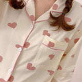 Conjunto de pijamas para San Valentin, conjunto de servicio a domicilio de solapa de primavera y otono, conjunto informal para mujeres con patron rosa de corazones