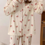 Conjunto de pijamas para San Valentin, conjunto de servicio a domicilio de solapa de primavera y otono, conjunto informal para mujeres con patron rosa de corazones