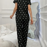 Conjunto de pijama para mujer con estampado de corazones elegante con lazo, mangas cortas y pantalones largos