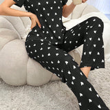 Conjunto de pijama de manga corta con nudo de mariposa y pantalon largo con estampado de corazon para mujer