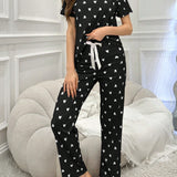 Conjunto de pijama para mujer con estampado de corazones elegante con lazo, mangas cortas y pantalones largos