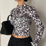 DAZY Camiseta Corta Casual De Cuello Alto Y Estampado De Leopardo Para Mujeres