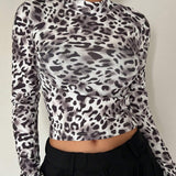 DAZY Camiseta Corta Casual De Cuello Alto Y Estampado De Leopardo Para Mujeres