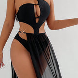 Swim SXY Traje De Bano De Una Sola Pieza Para Mujer Con Escote Asimetrico Hueco Y Conjunto De Falda De Muslo Dividido Transparente En Monocromo