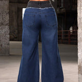 SXY Jeans casuales de pierna ancha para mujeres con dobladillo deshilachado en contraste de colores y remiendos.