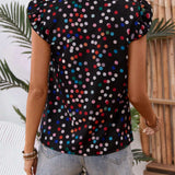 Camisa de verano para mujeres, suelta con encaje, parche y cuello Peter Pan con estampado floral y lunares