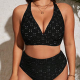 Swim Vcay Conjunto de bikini de talla grande de verano, ropa de playa y ropa de bano, con bordado de encaje hueco en el cuello en forma de V