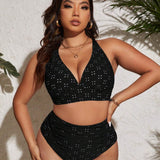 Swim Vcay Conjunto de bikini de talla grande de verano, ropa de playa y ropa de bano, con bordado de encaje hueco en el cuello en forma de V