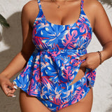 Swim Vcay Conjunto tankini de talla grande para mujer con estampado de plantas tropicales en la parte superior e inferior, estilo de vacaciones de verano en la playa