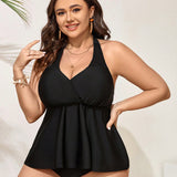 Swim Curve Conjunto de tankini halter de talla grande para mujer de un solo color con lazo trasero de moda de playa de verano