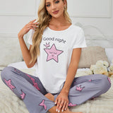 Conjunto de pijama para mujer con estampado de estrellas lindo y cuello redondo