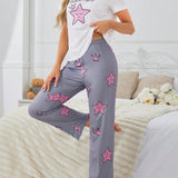 Conjunto de pijama para mujer con estampado de estrellas lindo y cuello redondo