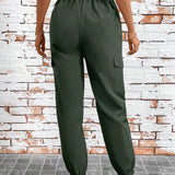 NEW Pantalones Largos Solidos Con Cordon En La Cintura Y Detalle De Bolsillo Para Mujer