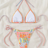 Swim Conjunto de bikini de cuello halter con estampado floral y lazo para el cuello para mujeres de playa de verano con diseno de flores aleatorias para vacaciones