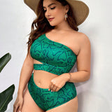 Swim Curve Conjunto de bikini con estampado de serpiente de talla grande para mujer, de un solo hombro sin mangas con recorte, ideal para vacaciones en la playa de verano