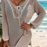 VCAY Vestido tipo sueter femenino con cordon de vacaciones en la playa y encaje calado