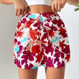 EMERY ROSE Pantalones cortos flojos de talle alto para mujer con estampado floral de verano y detalle de nudo