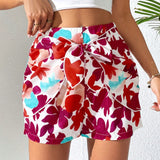 EMERY ROSE Pantalones cortos flojos de talle alto para mujer con estampado floral de verano y detalle de nudo
