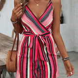VCAY Striped Color Block Summer Holiday Spaghetti Strap Jumpsuit