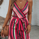 VCAY Striped Color Block Summer Holiday Spaghetti Strap Jumpsuit