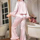 Conjunto de pijama de seda sintetica para mujeres con cuello en V adornado con orejas, lazos y mangas con volantes