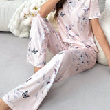 Conjunto De Pijama Para Mujeres Con Mangas Cortas Con Patron De Mariposas Y Plantas Y Pantalones Largos