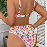 Swim Curve Conjunto de sujetador y bikini con cuello Halter y fruncido con estampado floral Ditsy para playa de verano en tallas grandes