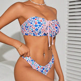 Conjunto De Bikini Con Estampado Floral Sin Tirantes Para Mujer, Traje De Bano Con Lazo Al Frente Para Traje De Bano De Verano En La Playa, Atuendo De Vacaciones