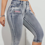 Jeans Capri informales para mujer de cintura baja con cierre de cremallera y ajuste delgado