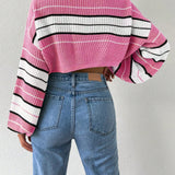 EZwear Jersey corto ultra suelto a rayas con bloques de color caidos en el hombro