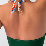 Swim Traje de bano de una pieza con cuello en V y halter impreso con diseno floral para playa de verano