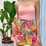 VCAY Women Sleeveless Jumpsuit With Thin Straps And Waist Belt, Full Printed Paper Bag Trousers