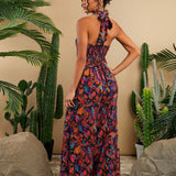 TRVLCHIC Vacation Style Spring/Summer Woven Tropical Plant Print Hollow Out Crisscross Halter Jumpsuit