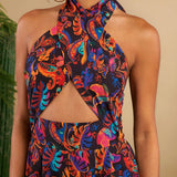 TRVLCHIC Vacation Style Spring/Summer Woven Tropical Plant Print Hollow Out Crisscross Halter Jumpsuit