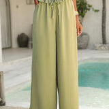 VCAY Pantalones de moda para damas, de color solido con cintura elastica y piernas anchas con dobladillo de volantes