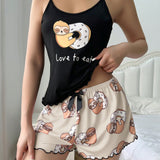 Conjunto de pijama para mujer con parte superior de tanque estampada con perezoso, donut y letra inglesa y pantalones cortos holgados