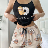 Conjunto de pijama para mujer con parte superior de tanque estampada con perezoso, donut y letra inglesa y pantalones cortos holgados