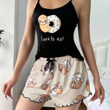 Conjunto de pijama para mujer con parte superior de tanque estampada con perezoso, donut y letra inglesa y pantalones cortos holgados