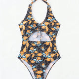 Swim Traje de bano de una sola pieza con estampado de flores y tirantes con corte hueco y estampado aleatorio para la playa de verano