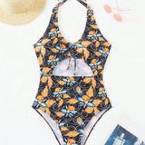 Swim Traje de bano de una sola pieza con estampado de flores y tirantes con corte hueco y estampado aleatorio para la playa de verano