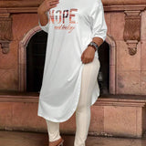 Essnce Plus Size Loose Fit Oversized Long T-Shirt With Letter Print