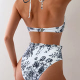 Swim Conjunto de bikini de mujer con estampado floral, con tiras en el cuello, para vacaciones y natacion, con estampado aleatorio