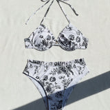Swim Conjunto de bikini de mujer con estampado floral, con tiras en el cuello, para vacaciones y natacion, con estampado aleatorio