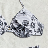 Swim Conjunto de bikini de mujer con estampado floral, con tiras en el cuello, para vacaciones y natacion, con estampado aleatorio