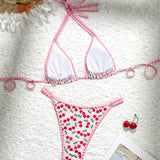 Swim Mod Traje de bano separado de bikini de triangulo Halter con copas de cereza estampadas para playa de verano