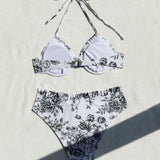 Swim Conjunto de bikini de mujer con estampado floral, con tiras en el cuello, para vacaciones y natacion, con estampado aleatorio