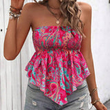 VCAY Top corto rosa estampado de estilo hawaiano sin mangas y sin tirantes, tipo ajustado, con panuelo en el dobladillo para mujeres, camisa casual linda y pequena para el verano