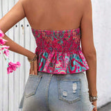 VCAY Top corto rosa estampado de estilo hawaiano sin mangas y sin tirantes, tipo ajustado, con panuelo en el dobladillo para mujeres, camisa casual linda y pequena para el verano